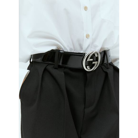 Gucci Interlocking G Brushed Leather Wide Belt Black Silver Buckle Size 80 main image 6